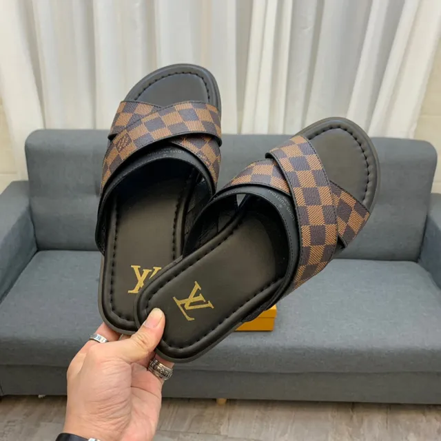 Louis Vuitton Brown Black Crossed-Strap Damier Check Canvas Slippers 4