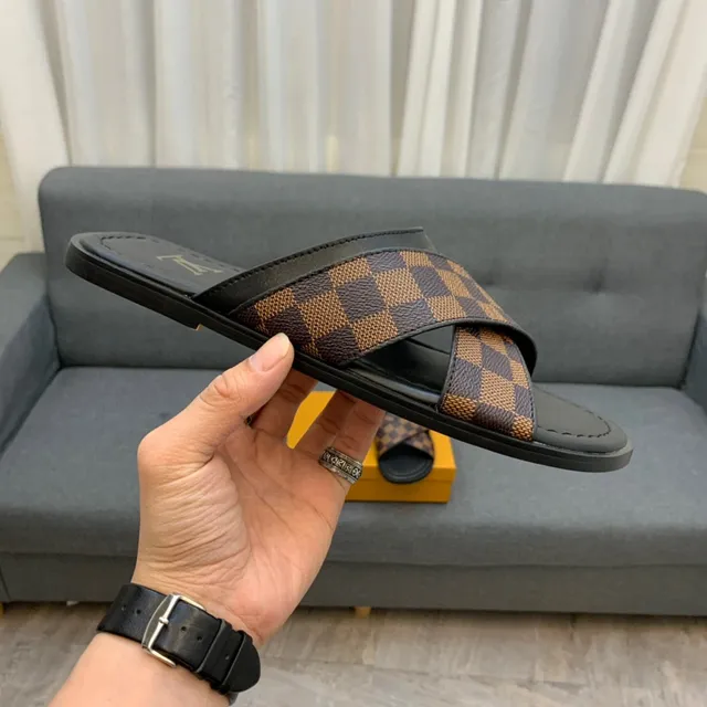 Louis Vuitton Brown Black Crossed-Strap Damier Check Canvas Slippers 5