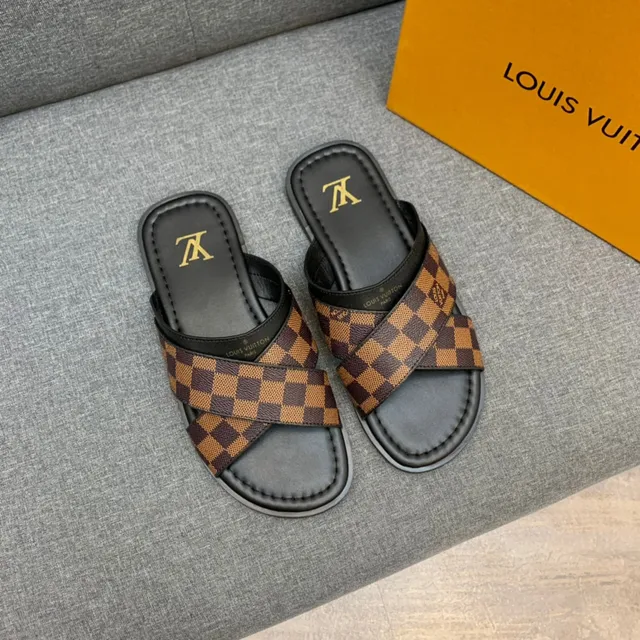 Louis Vuitton Brown Black Crossed-Strap Damier Check Canvas Slippers 8