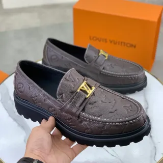 Louis Vuitton Brown Black Monogram Leather Gold-Tone LV Buckle Loafer