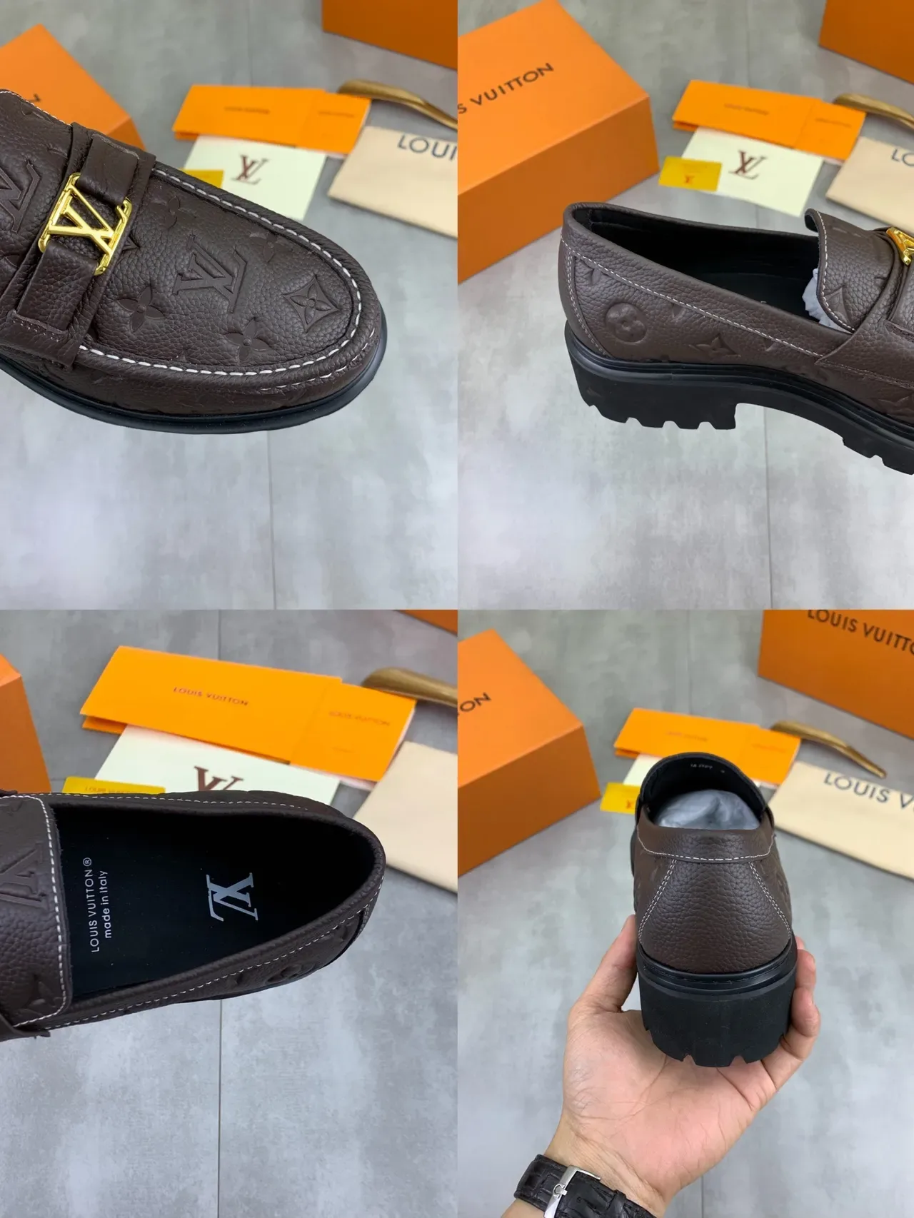لوفر Louis Vuitton بني أسود جلد مونोغرام ذهبي LV بكل 3