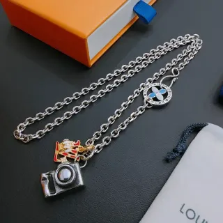 Louis Vuitton Camera Charm Enamel Pendant Silver Chain Necklace