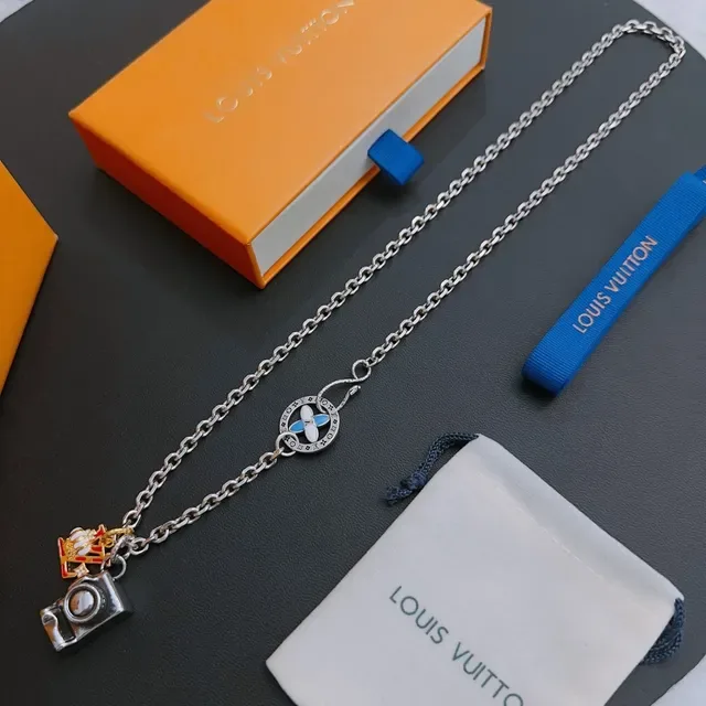 Louis Vuitton Camera Charm Enamel Pendant Silver Chain Necklace 9