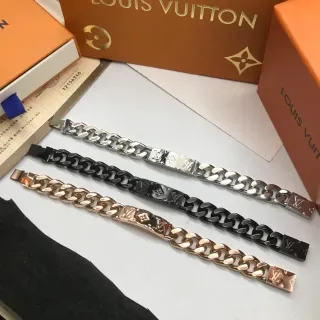 Louis Vuitton Chain Silver Black Chunky Curb Engraved Monogram Plaque Bracelet