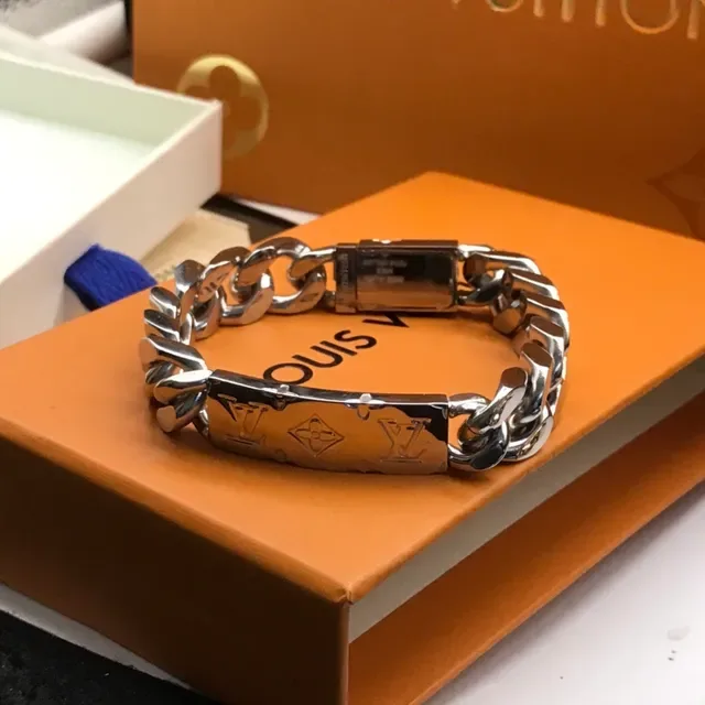 Louis Vuitton Chain Silver Black Chunky Curb Engraved Monogram Plaque Bracelet 2