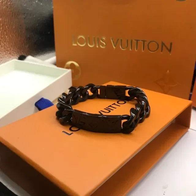 Louis Vuitton Chain Silver Black Chunky Curb Engraved Monogram Plaque Bracelet 3