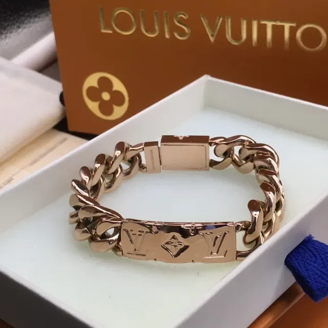 Louis Vuitton Chain Silver Black Chunky Curb Engraved Monogram Plaque Bracelet 4
