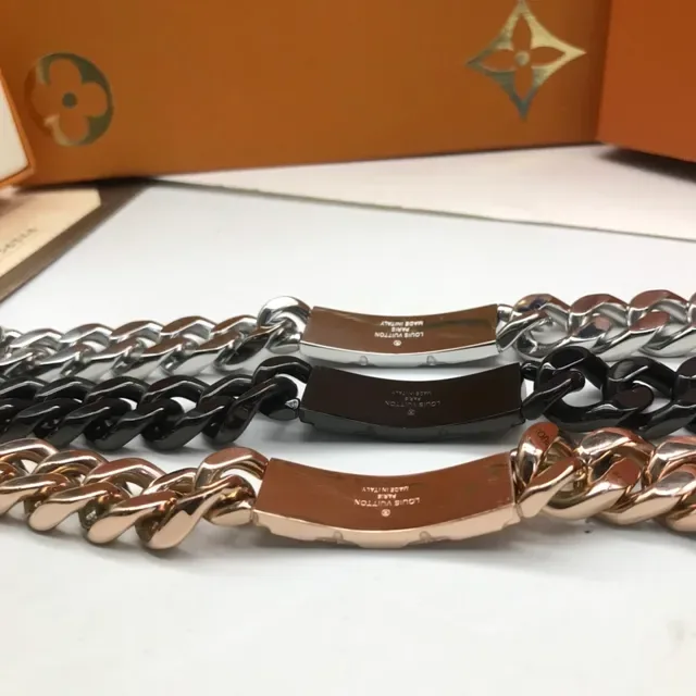 Louis Vuitton Chain Silver Black Chunky Curb Engraved Monogram Plaque Bracelet 5