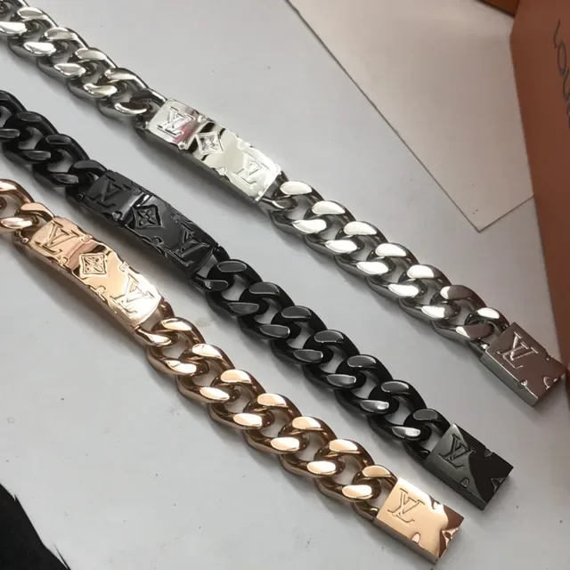 Louis Vuitton Chain Silver Black Chunky Curb Engraved Monogram Plaque Bracelet 6