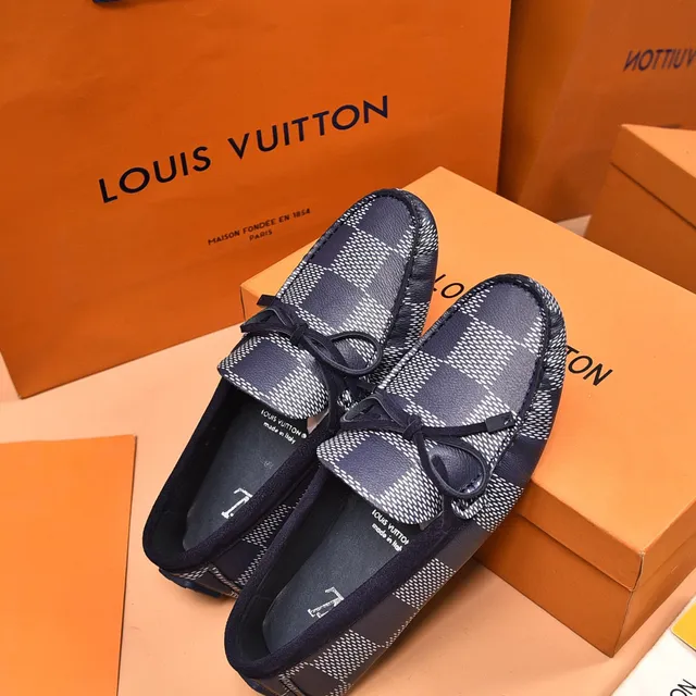 Louis Vuitton Damier Check Navy and White Bow Loafers 2