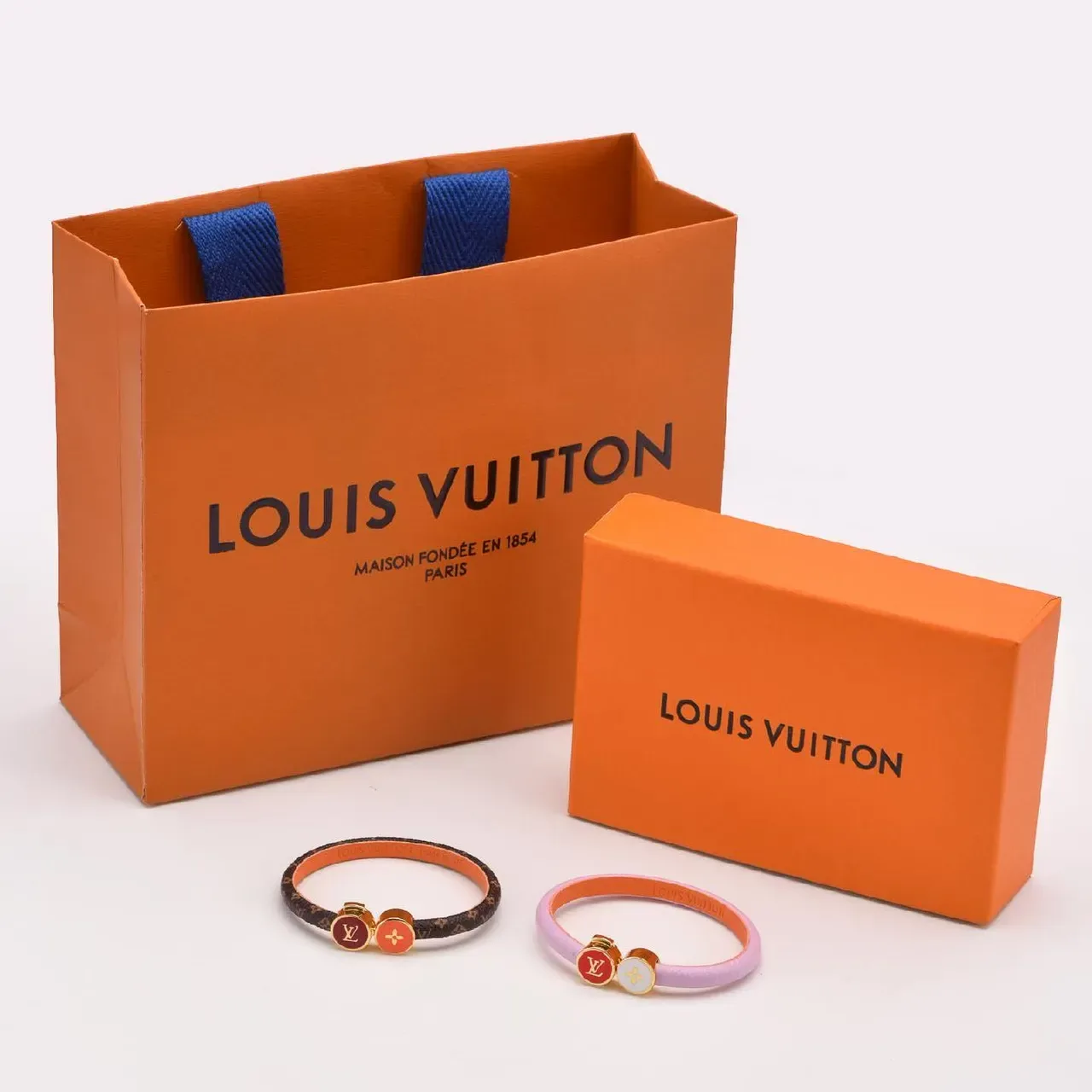 Louis Vuitton Dual Enamel Charm Pink and Orange Leather Bracelet 2