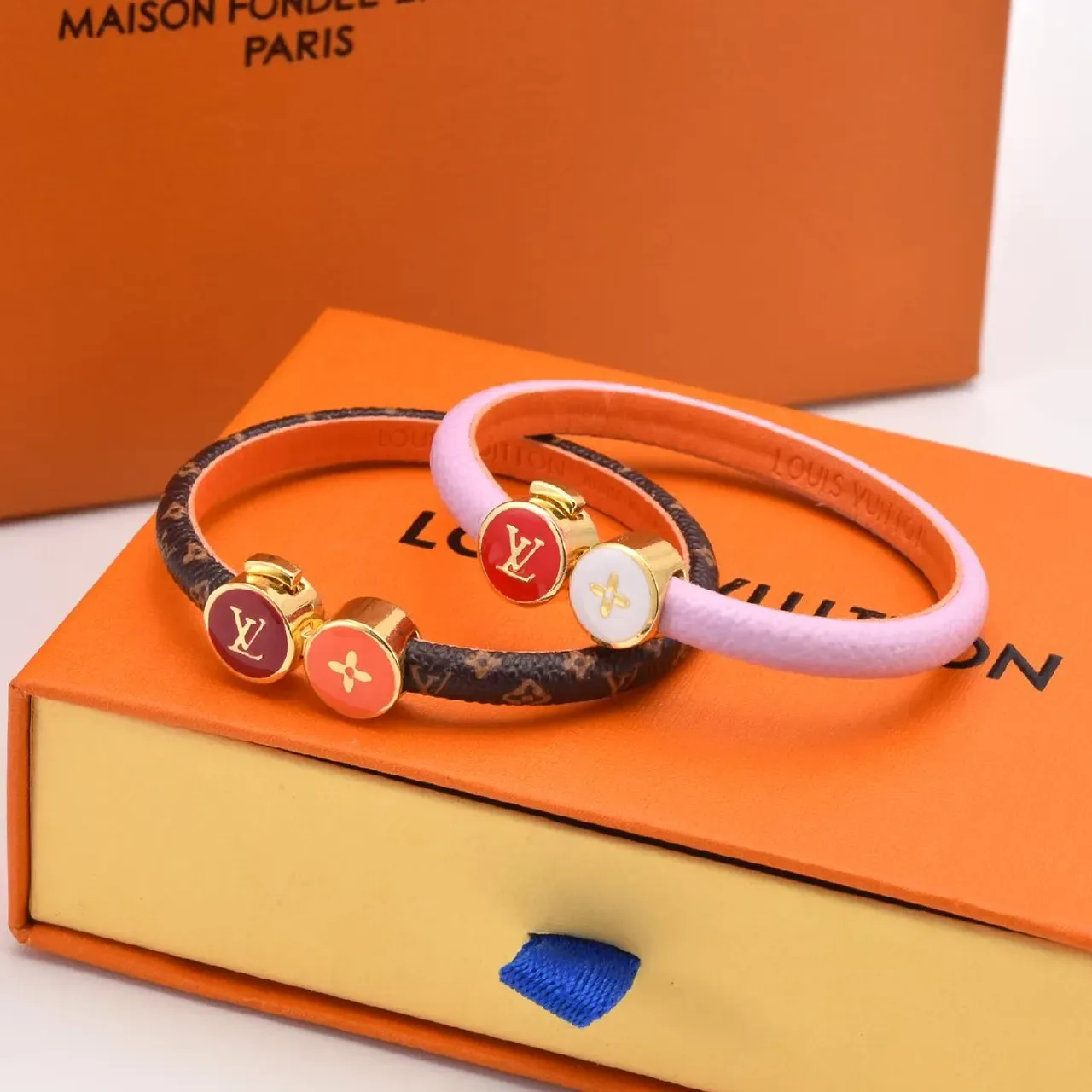 Louis Vuitton Dual Enamel Charm Pink and Orange Leather Bracelet 3