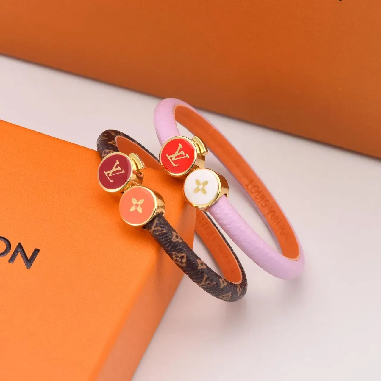Louis Vuitton Dual Enamel Charm Pink and Orange Leather Bracelet 4