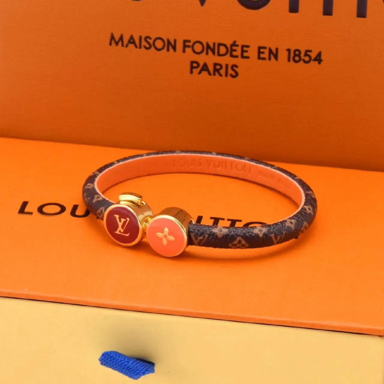 Louis Vuitton Dual Enamel Charm Pink and Orange Leather Bracelet 5