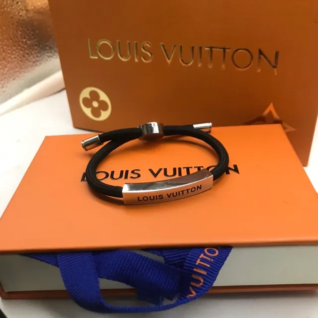 Louis Vuitton Plaque Gravée Cordon Noir Rouge Bracelet Métal Tressé 4
