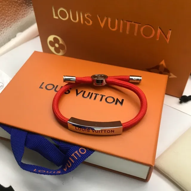 Louis Vuitton Plaque Gravée Cordon Noir Rouge Bracelet Métal Tressé 6
