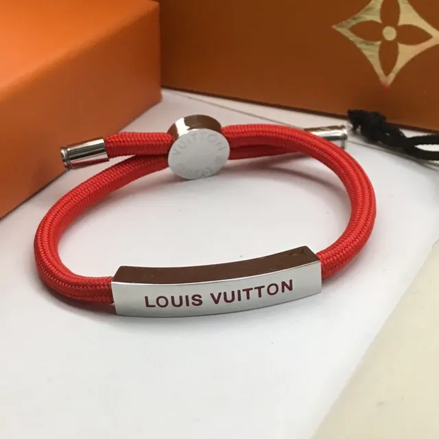 Louis Vuitton Plaque Gravée Cordon Noir Rouge Bracelet Métal Tressé 8