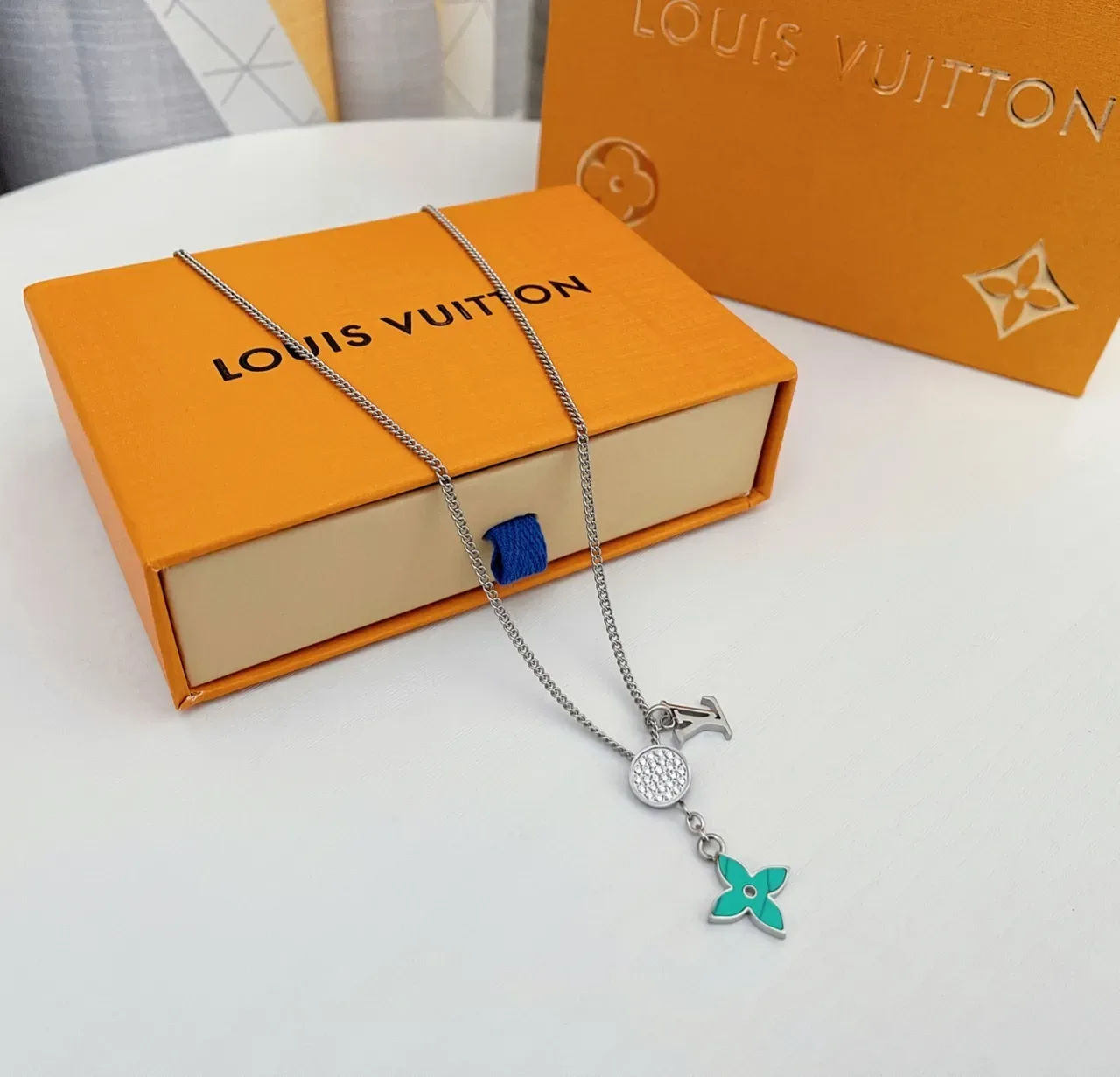 Louis Vuitton Flower Charm Silver Blue Curb Chain Pavé Crystal Disc Bracelet 3