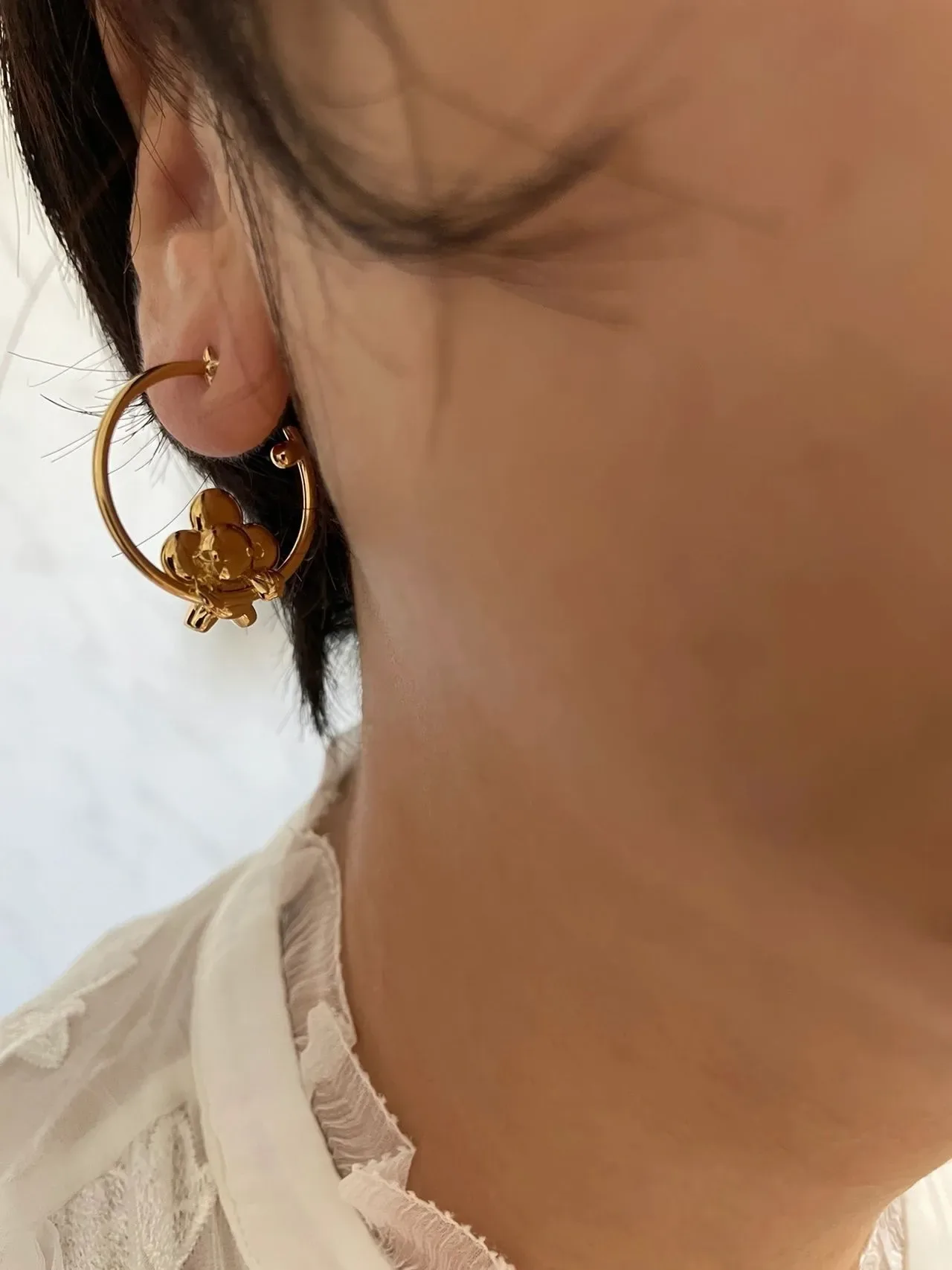 Louis Vuitton Gold Beige Hoop 3D Floral Motif Earrings 2