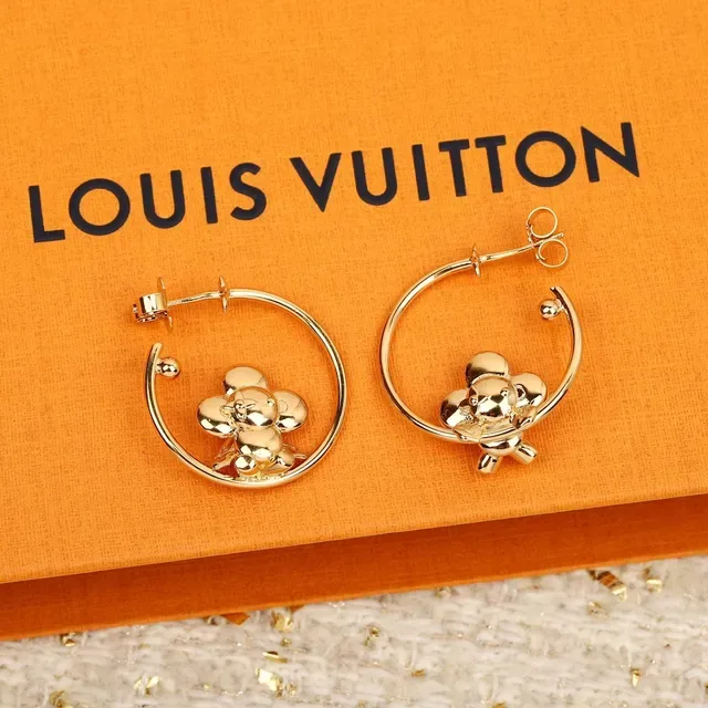 Louis Vuitton Gold Beige Hoop 3D Floral Motif Earrings 8