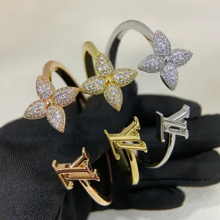 Louis Vuitton Gold Silver Pavé-Set Floral Monogram Logo Ring