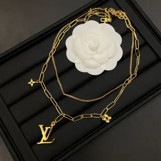 Louis Vuitton Gold White Layered Chain Metal Necklace