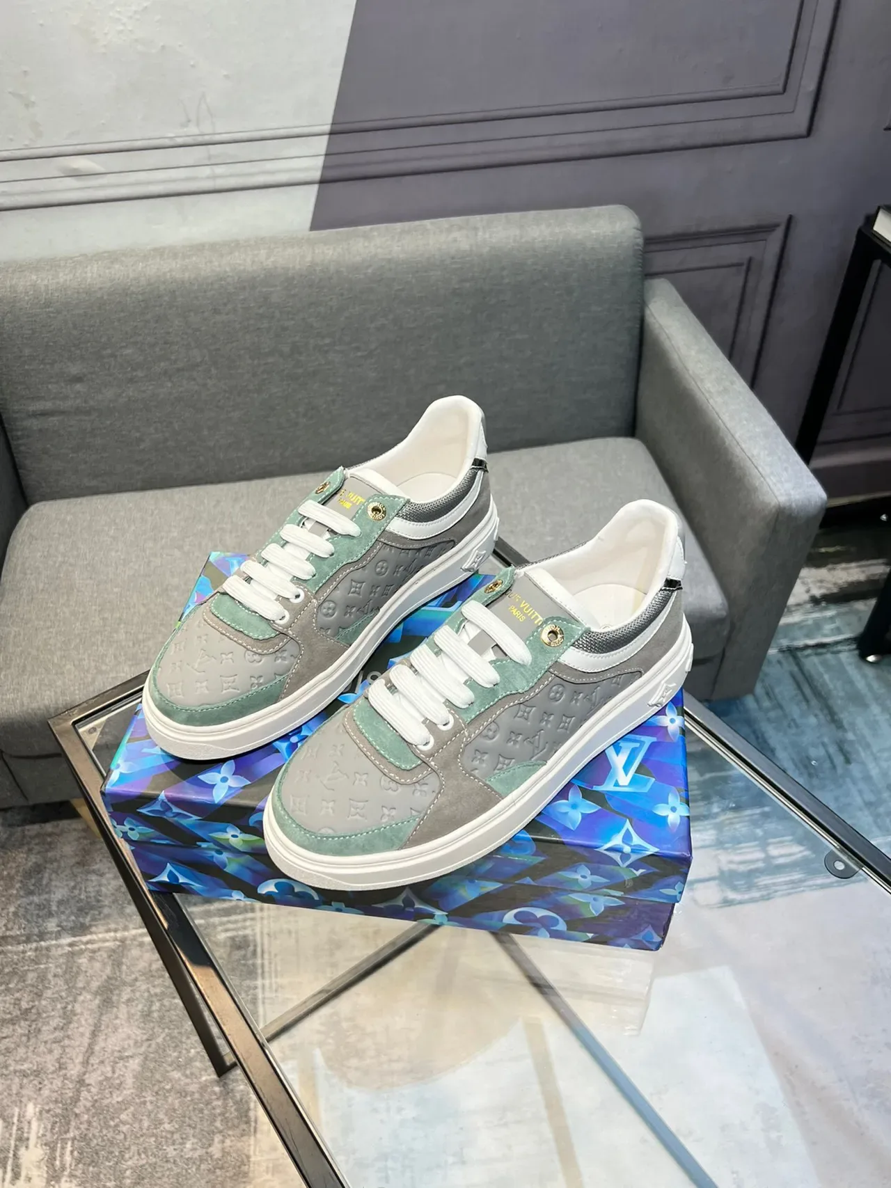 Louis Vuitton Cinza Verde Monogramados Painel Construction Camurça E Malha Mix Tênis Lifestyle 3