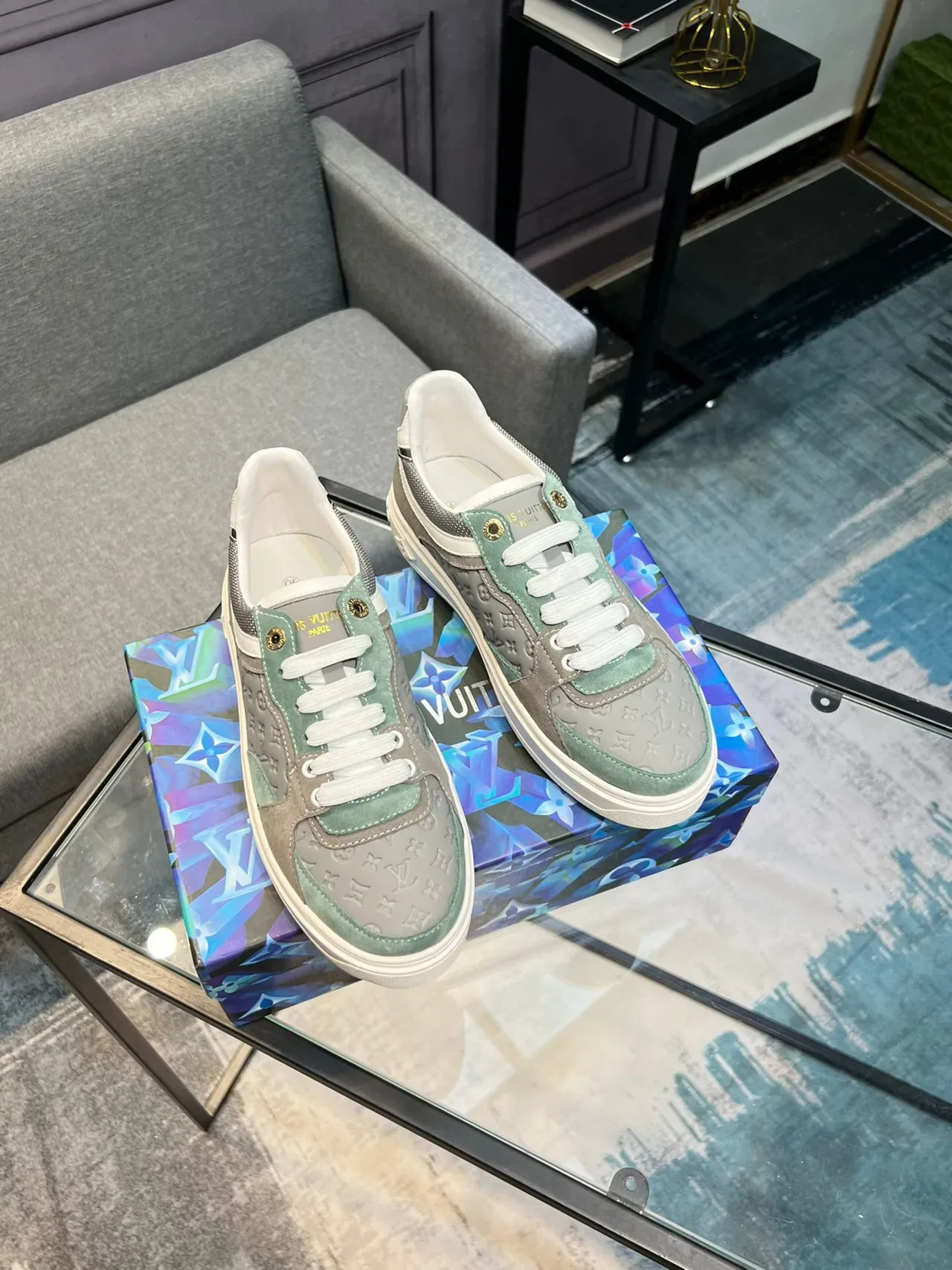 Louis Vuitton Cinza Verde Monogramados Painel Construction Camurça E Malha Mix Tênis Lifestyle 5