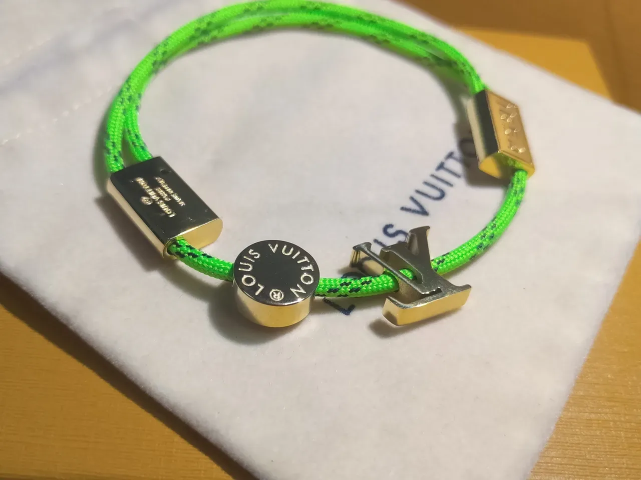 Louis Vuitton Green Gold Neon Braided Cord Rectangular Plaques Bracelet 2