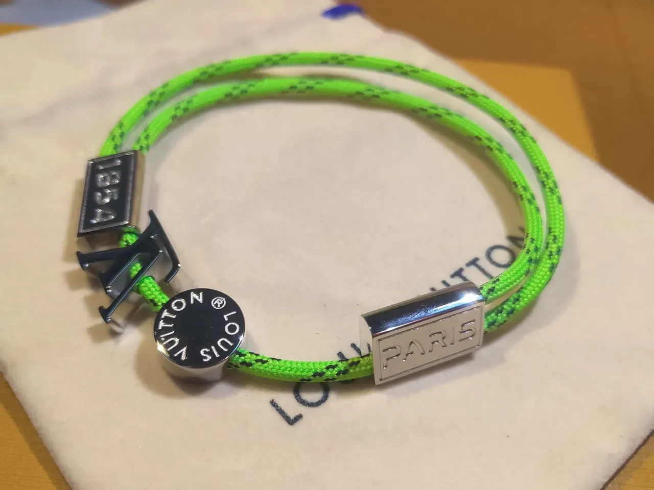 Louis Vuitton Green Gold Neon Braided Cord Rectangular Plaques Bracelet 6