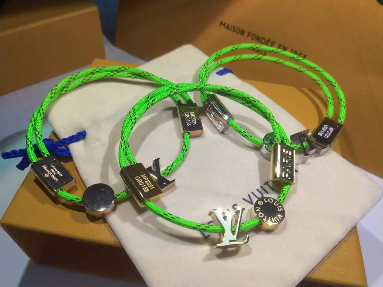 Louis Vuitton Green Gold Neon Braided Cord Rectangular Plaques Bracelet 7