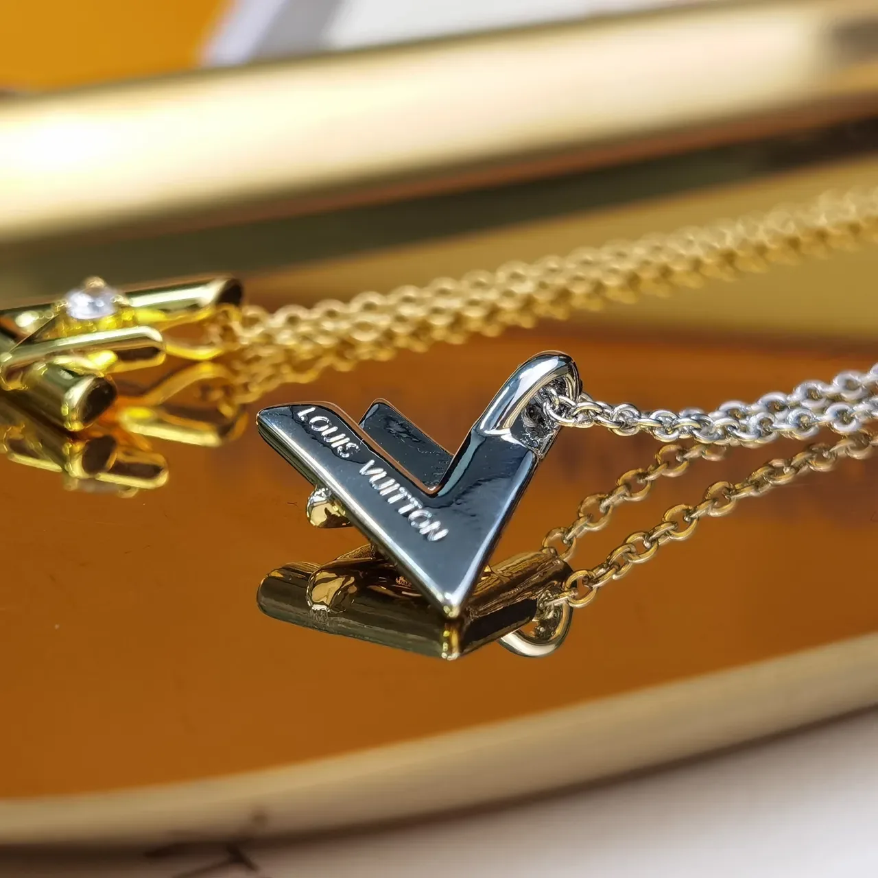 Louis Vuitton Iconic Monogram Gold Silver Geometric Pendant Charm Necklace 3