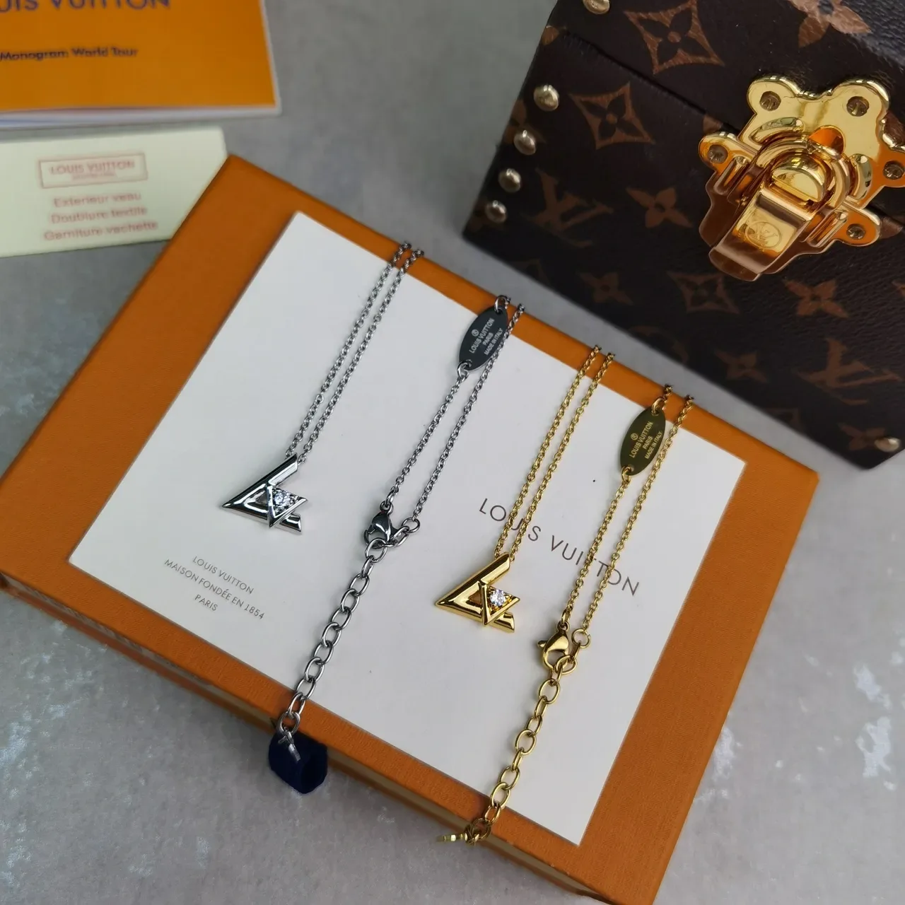 Louis Vuitton Iconic Monogram Gold Silver Geometric Pendant Charm Necklace 5