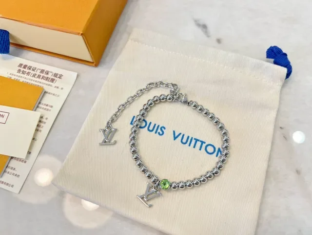 Louis Vuitton Iconic Monogram Silver Green Beaded Chain Dual LV Charms Bracelet 2