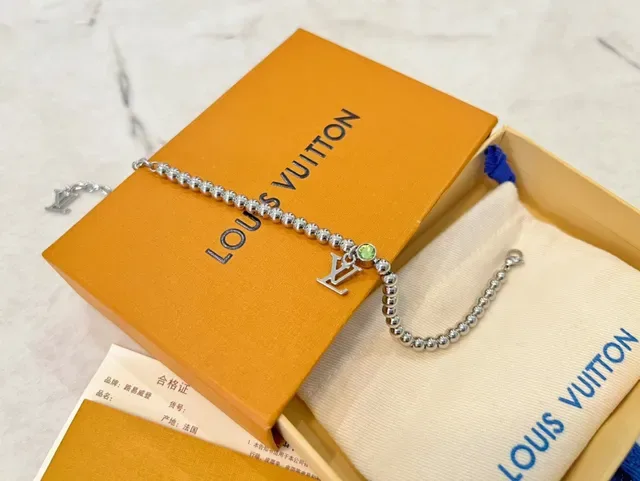 Louis Vuitton Iconic Monogram Silver Green Beaded Chain Dual LV Charms Bracelet 3