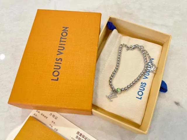 Louis Vuitton Iconic Monogram Silver Green Beaded Chain Dual LV Charms Bracelet 4