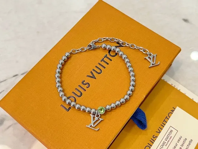 Louis Vuitton Iconic Monogram Silver Green Beaded Chain Dual LV Charms Bracelet 5