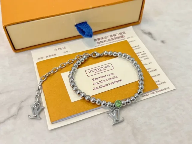 Louis Vuitton Iconic Monogram Silver Green Beaded Chain Dual LV Charms Bracelet 6