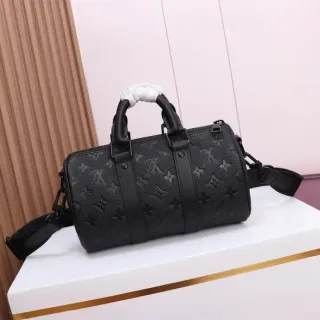 Louis Vuitton Keepall Bandoulière 25 Black Embossed Monogram Cylindrical Duffle Bag