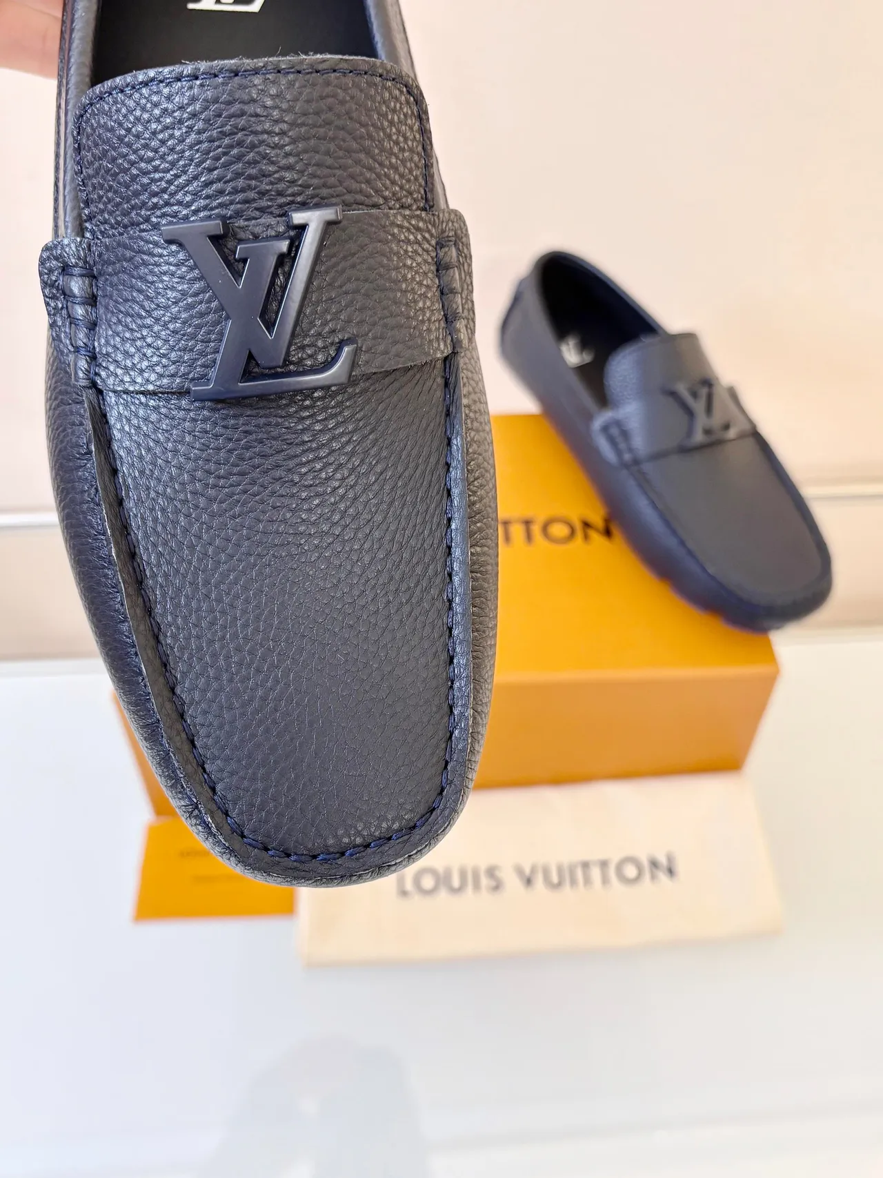 Louis Vuitton Loafer Black Blue Pebbled Leather Metal LV Buckle Loafer 3