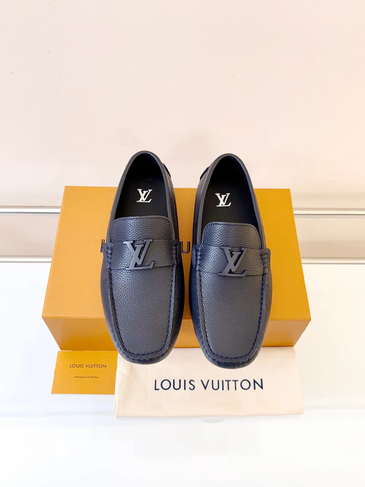Louis Vuitton Loafer Black Blue Pebbled Leather Metal LV Buckle Loafer 6