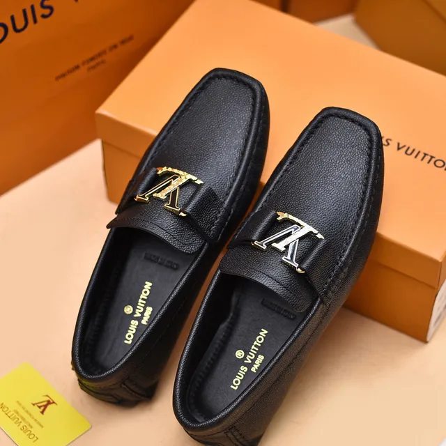 Louis Vuitton Loafer Black Gold Pebbled Leather LV Buckle Loafer 4