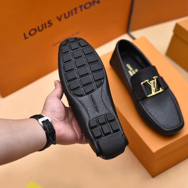 Louis Vuitton Loafer Black Gold Pebbled Leather LV Buckle Loafer 5