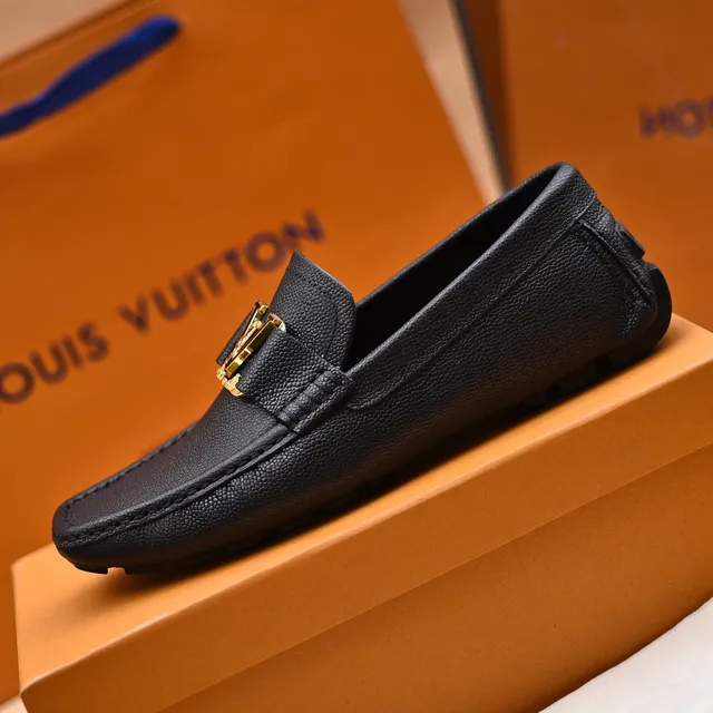 Louis Vuitton Loafer Black Gold Pebbled Leather LV Buckle Loafer 6
