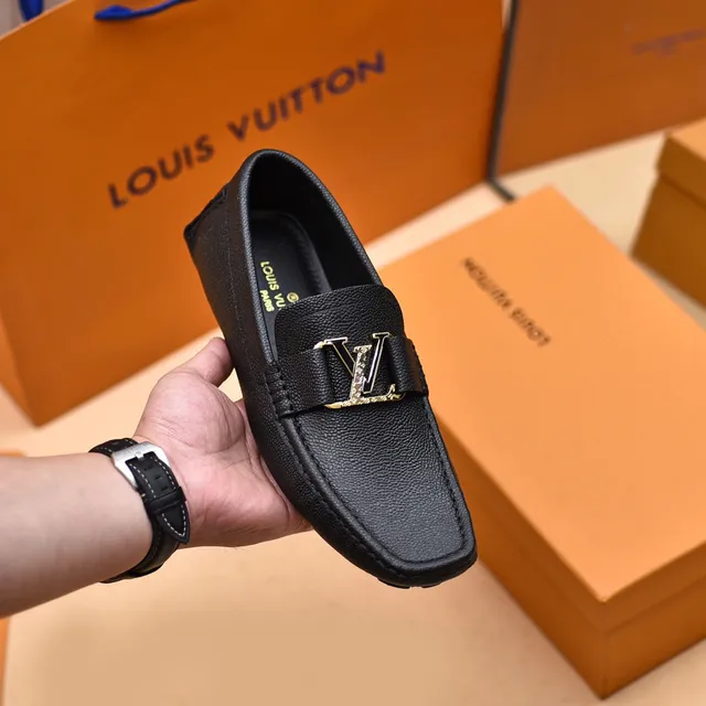 Louis Vuitton Loafer Black Gold Pebbled Leather LV Buckle Loafer 7