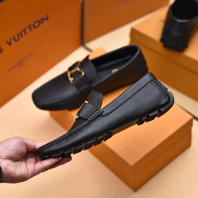 Louis Vuitton Loafer Black Gold Pebbled Leather LV Buckle Loafer 8