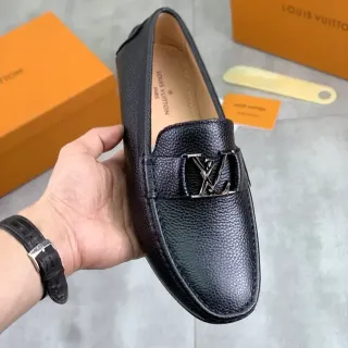 Louis Vuitton Loafer Black Silver Pebbled Leather LV Monogram Buckle Loafer