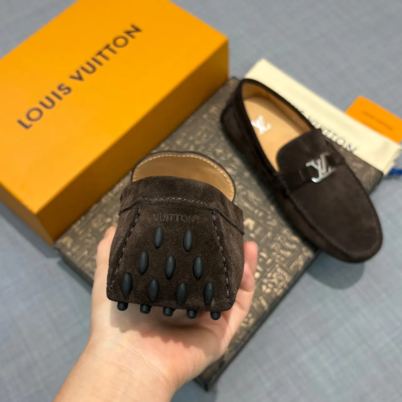 Louis Vuitton Loafer Brown Beige Suede Upper LV Buckle Strap Loafer 4
