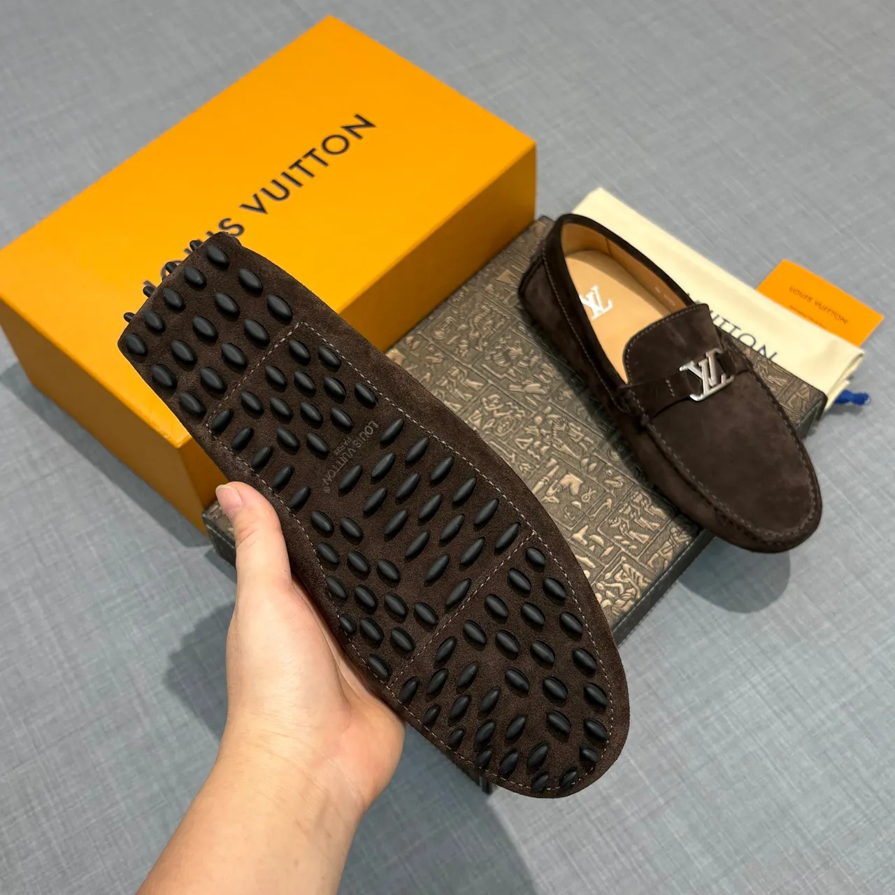 Louis Vuitton Loafer Brown Beige Suede Upper LV Buckle Strap Loafer 5