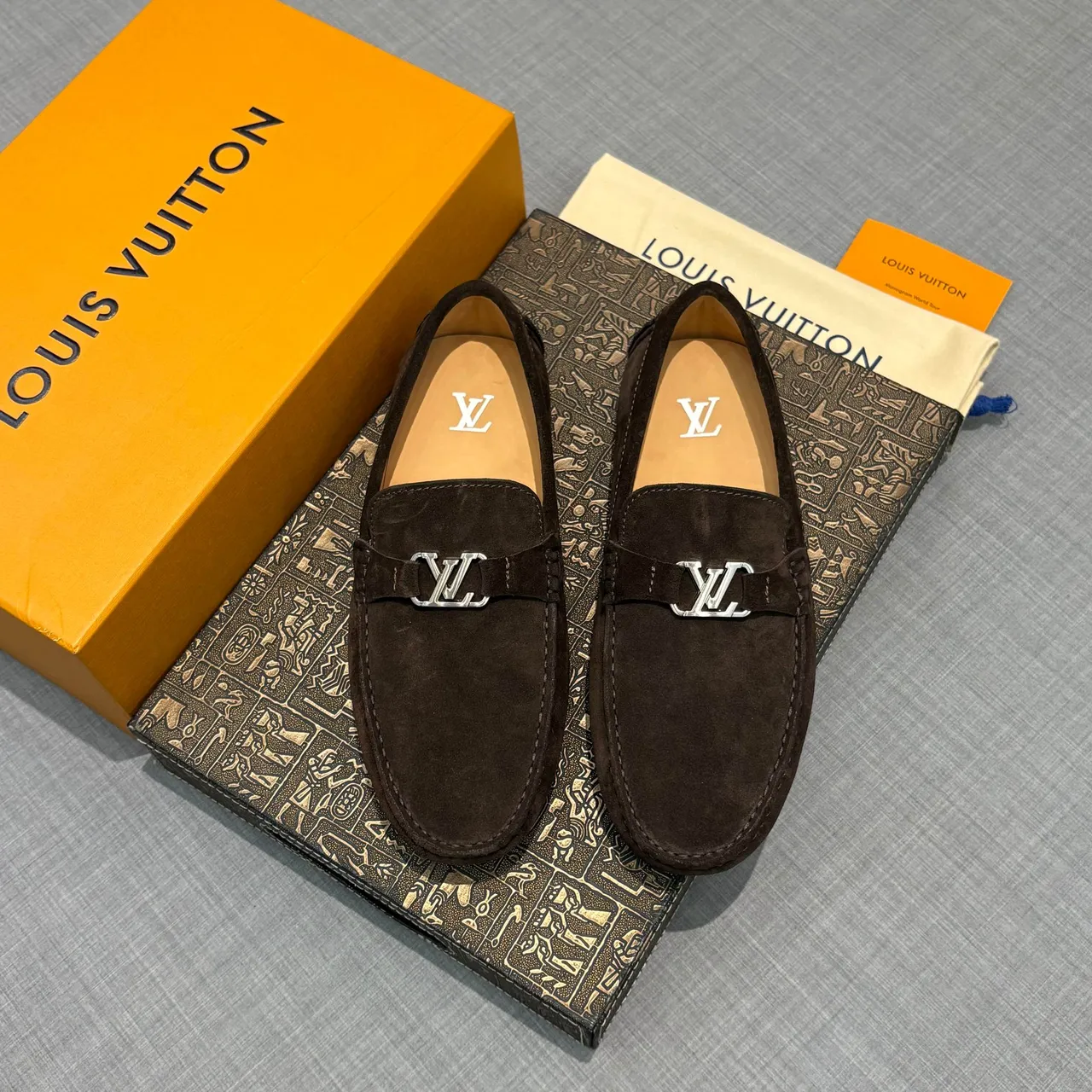 Louis Vuitton Loafer Brown Beige Suede Upper LV Buckle Strap Loafer 6